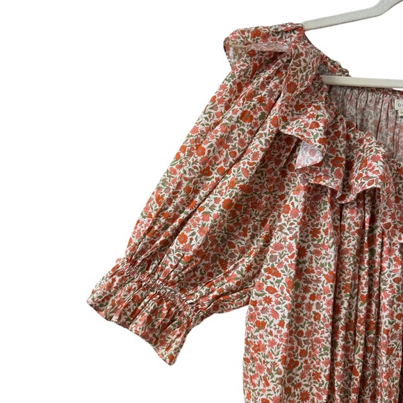 DÔEN Liberty Fabric Chime Floral Mini Dress Size M in Coral Poppy Boho Ruffles - Picture 6 of 13